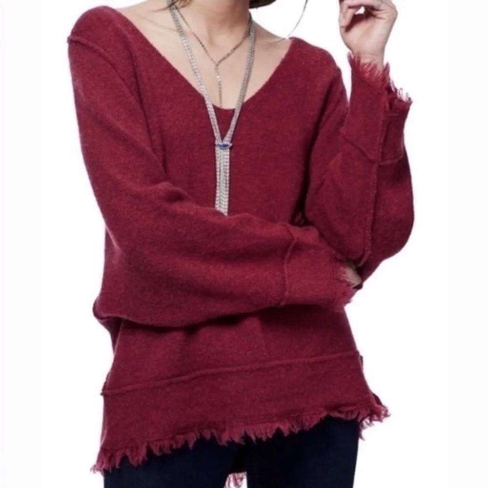 Free People Fringe Hem Cranberry Raglan Pullover Wool Blend Sweater size S